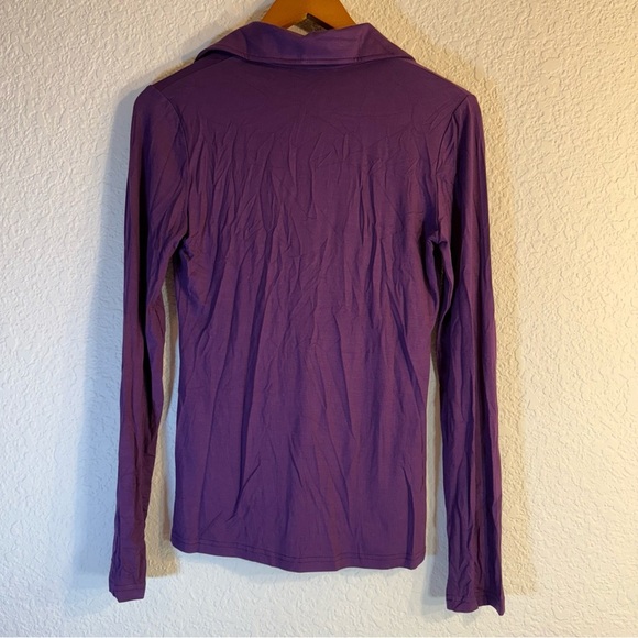 AmélieBoutik Women Collar V Neck Long Sleeve Polo Shirt. Purple Size M - Picture 3 of 7